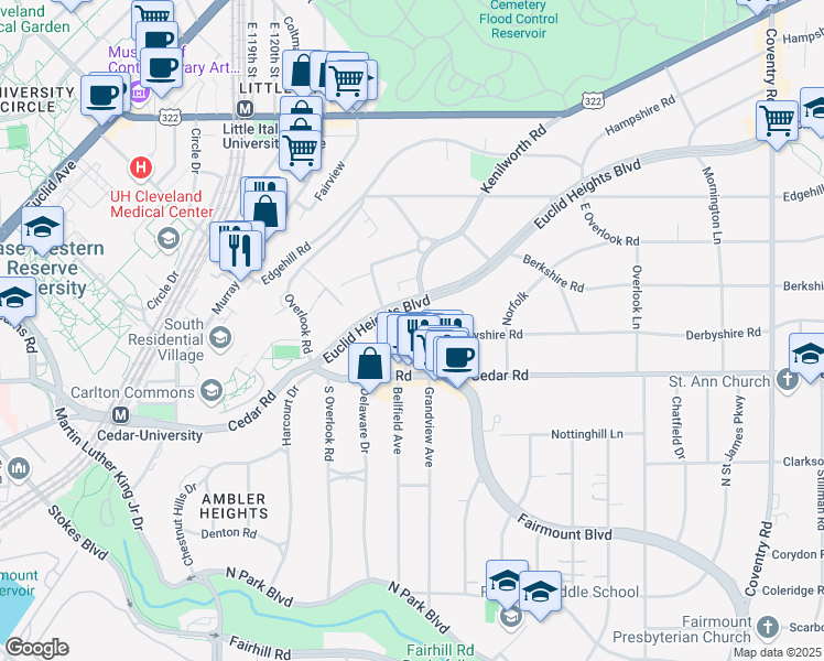 map of restaurants, bars, coffee shops, grocery stores, and more near 2105 Lennox Road in Cleveland Heights