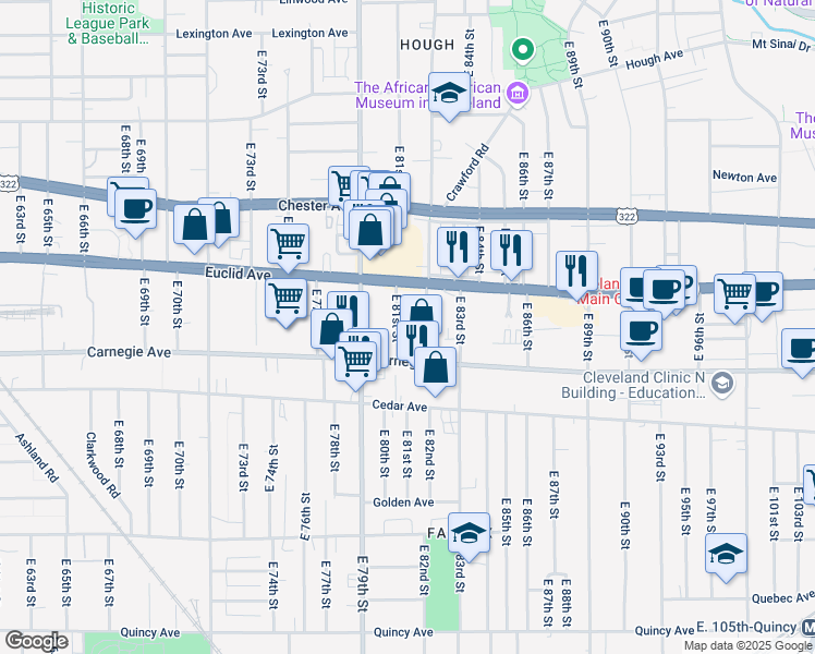 map of restaurants, bars, coffee shops, grocery stores, and more near 2061 East 81st Street in Cleveland