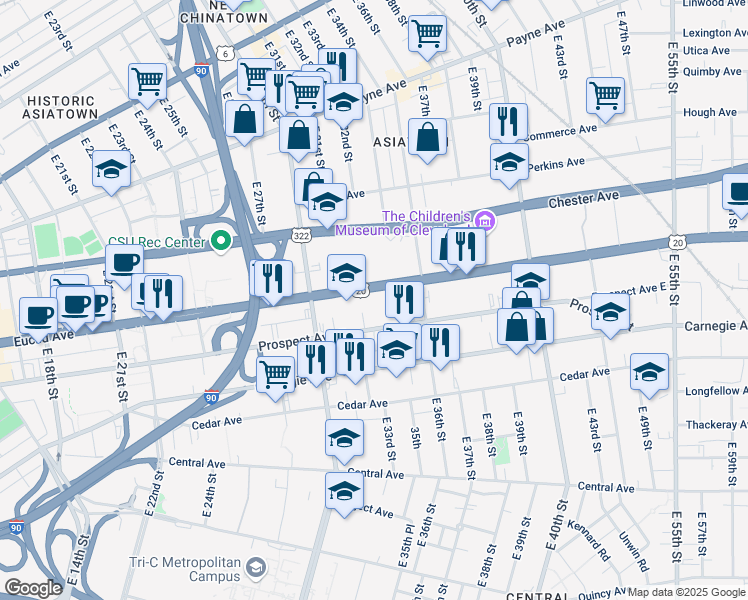 map of restaurants, bars, coffee shops, grocery stores, and more near 3225 Prospect Avenue East in Cleveland