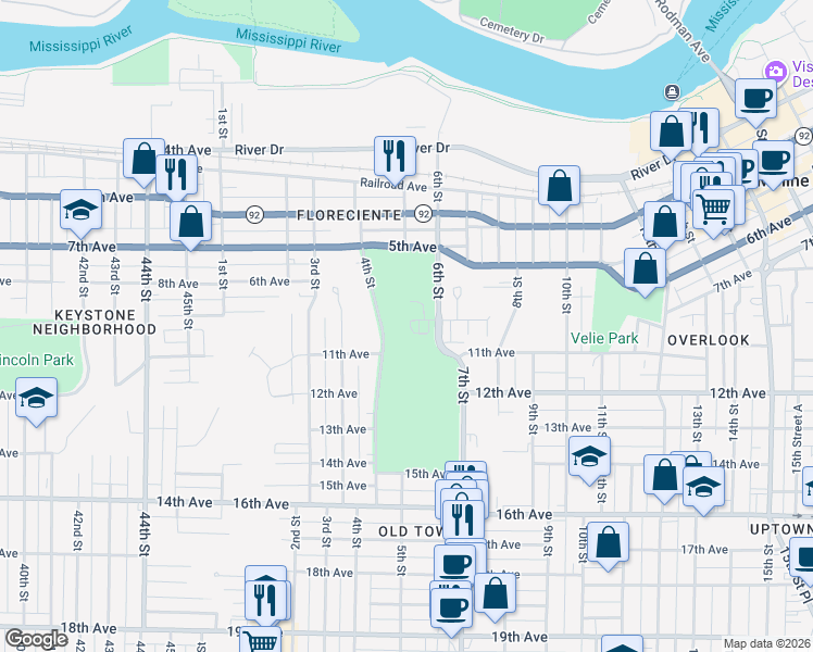 map of restaurants, bars, coffee shops, grocery stores, and more near 713 6th Street in Moline