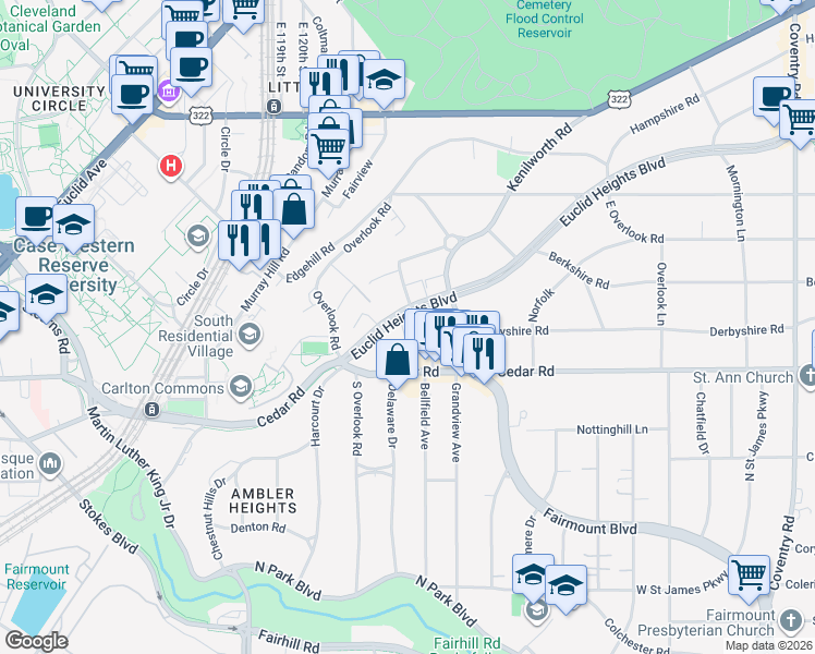 map of restaurants, bars, coffee shops, grocery stores, and more near 2374 Euclid Heights Boulevard in Cleveland Heights