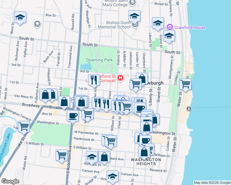 map of restaurants, bars, coffee shops, grocery stores, and more near 57 Dubois Street in Newburgh