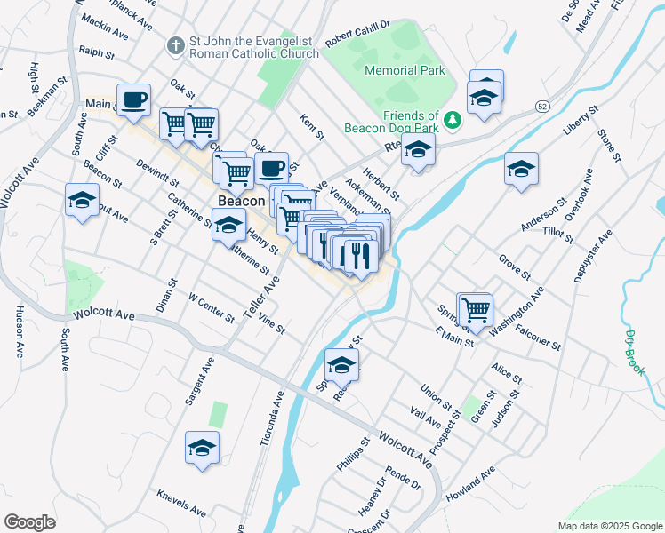 map of restaurants, bars, coffee shops, grocery stores, and more near 442 Main Street in Beacon