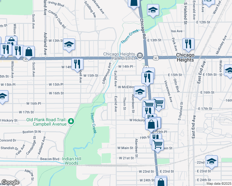 map of restaurants, bars, coffee shops, grocery stores, and more near 1600 Euclid Avenue in Chicago Heights