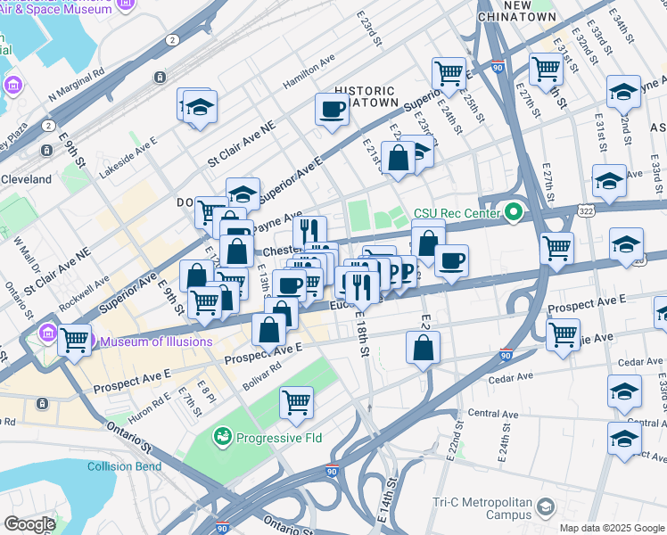 map of restaurants, bars, coffee shops, grocery stores, and more near 1860 East 18th Street in Cleveland