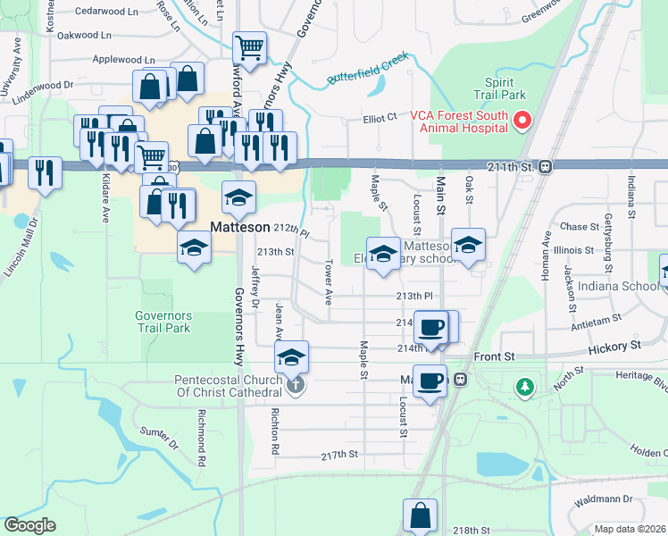 map of restaurants, bars, coffee shops, grocery stores, and more near 21301 Tower Avenue in Matteson