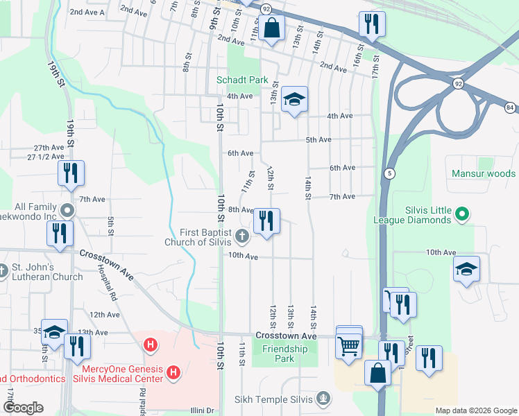 map of restaurants, bars, coffee shops, grocery stores, and more near 1124 8th Avenue in Silvis