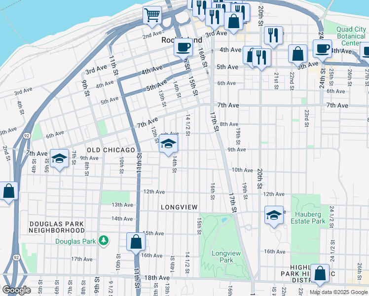 map of restaurants, bars, coffee shops, grocery stores, and more near 830-32 14 1/2 Street in Rock Island