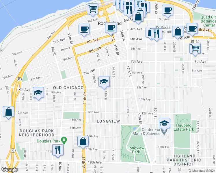 map of restaurants, bars, coffee shops, grocery stores, and more near 1401 9th Avenue in Rock Island