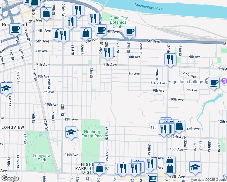 map of restaurants, bars, coffee shops, grocery stores, and more near 849 25th Street in Rock Island
