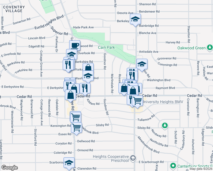 map of restaurants, bars, coffee shops, grocery stores, and more near 2115 Goodnor Road in Cleveland Heights