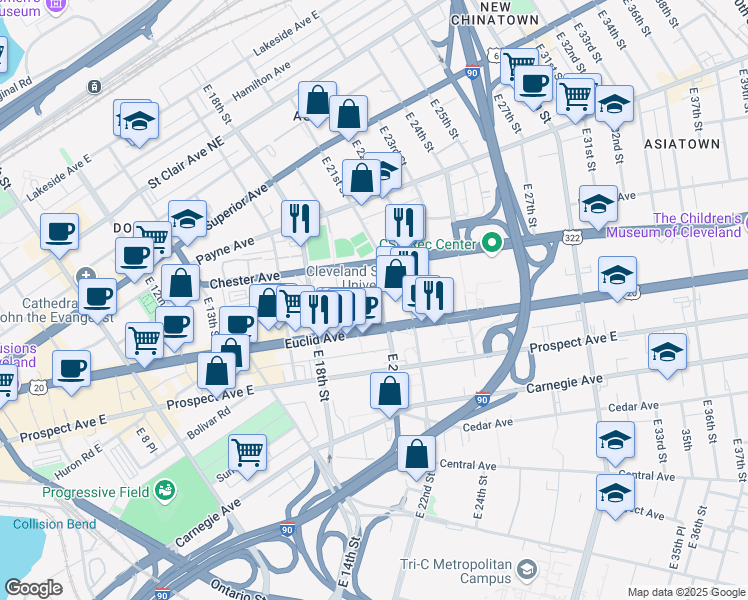 map of restaurants, bars, coffee shops, grocery stores, and more near 7A7A Freeway Circle in Cleveland