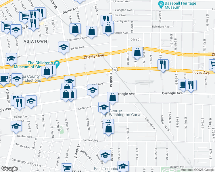 map of restaurants, bars, coffee shops, grocery stores, and more near 5400 Prospect Avenue in Cleveland