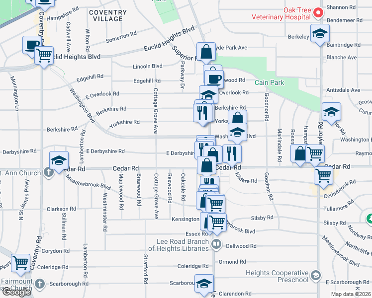 map of restaurants, bars, coffee shops, grocery stores, and more near 3156 East Derbyshire Road in Cleveland Heights