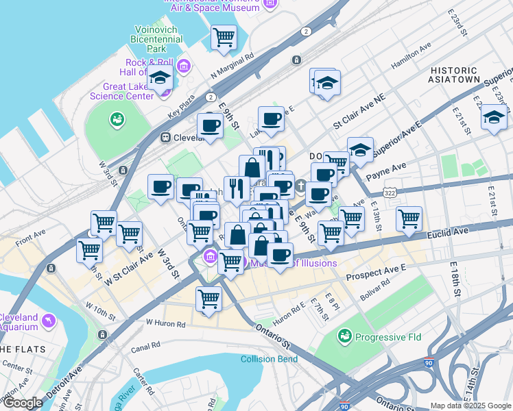 map of restaurants, bars, coffee shops, grocery stores, and more near 1403 East 6th Street in Cleveland