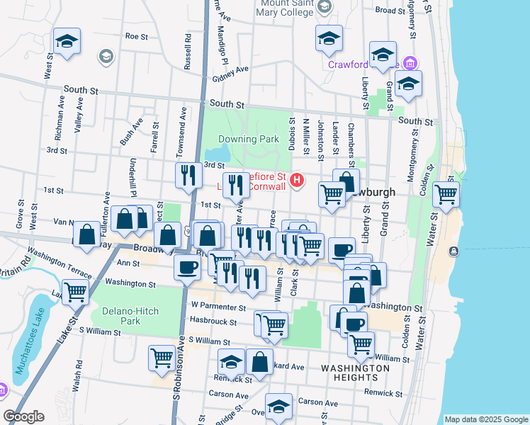 map of restaurants, bars, coffee shops, grocery stores, and more near 233 1st Street in Newburgh