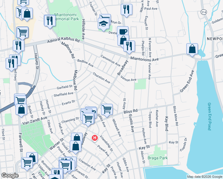 map of restaurants, bars, coffee shops, grocery stores, and more near 437 Broadway in Newport