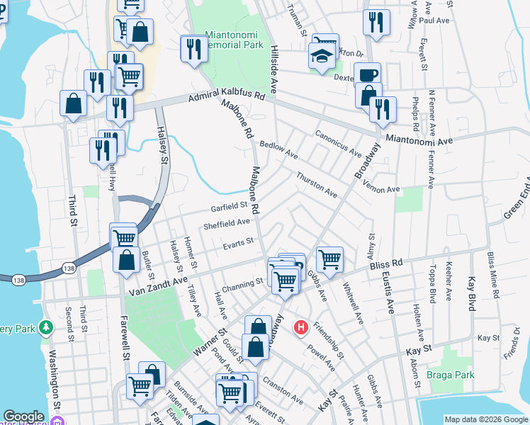 map of restaurants, bars, coffee shops, grocery stores, and more near 1 Russell Avenue in Newport