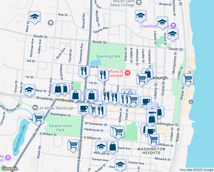 map of restaurants, bars, coffee shops, grocery stores, and more near 39 Lutheran Street in Newburgh