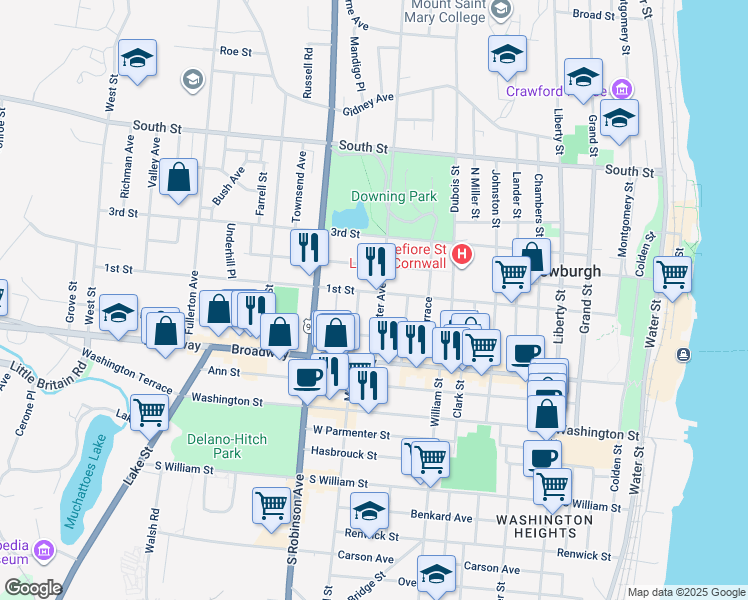 map of restaurants, bars, coffee shops, grocery stores, and more near 38 Concord Street in Newburgh