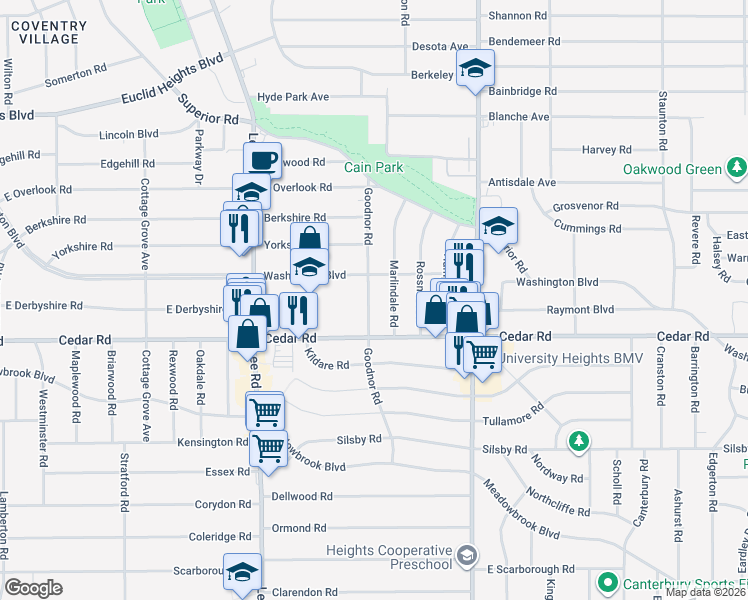 map of restaurants, bars, coffee shops, grocery stores, and more near 2115 Goodnor Road in Cleveland Heights