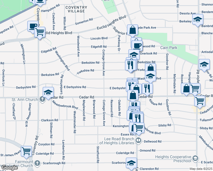 map of restaurants, bars, coffee shops, grocery stores, and more near 2115 Cottage Grove Avenue in Cleveland Heights
