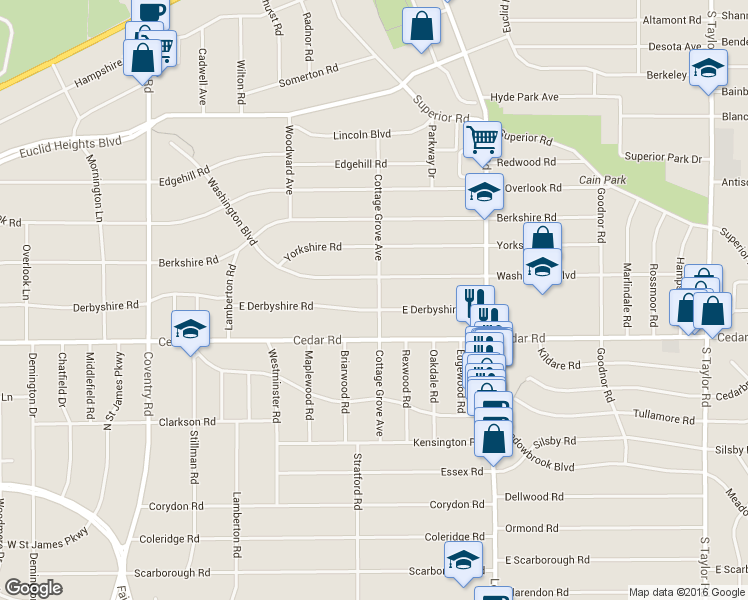 map of restaurants, bars, coffee shops, grocery stores, and more near 2115 Cottage Grove Avenue in Cleveland Heights