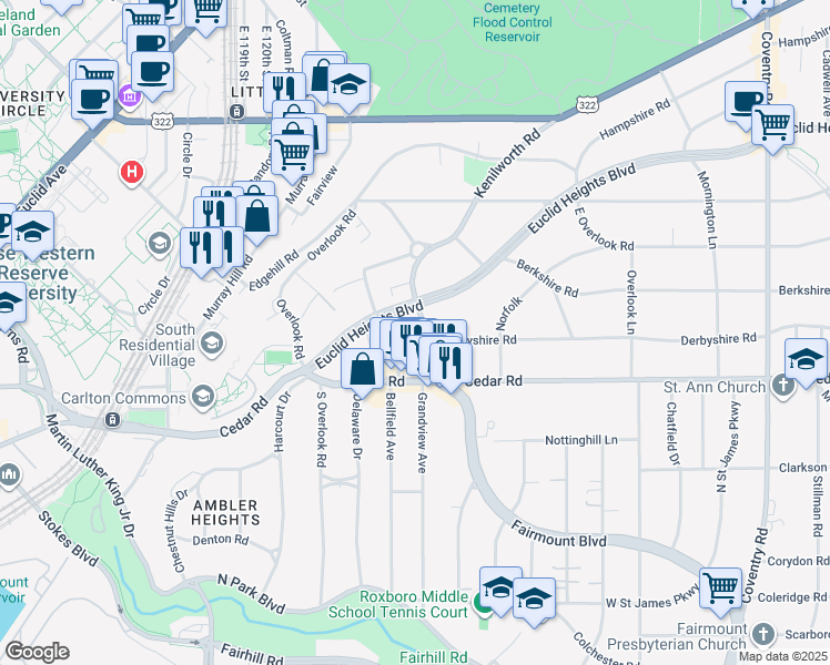 map of restaurants, bars, coffee shops, grocery stores, and more near 2105 Lennox Road in Cleveland Heights