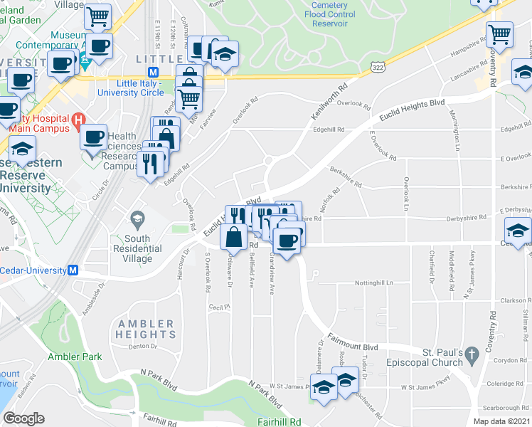 map of restaurants, bars, coffee shops, grocery stores, and more near 2105 Lennox Road in Cleveland Heights