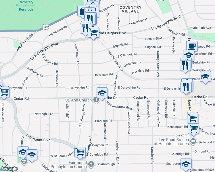 map of restaurants, bars, coffee shops, grocery stores, and more near 2113 Stillman Road in Cleveland Heights