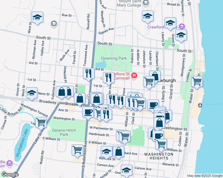 map of restaurants, bars, coffee shops, grocery stores, and more near 39 Lutheran Street in Newburgh