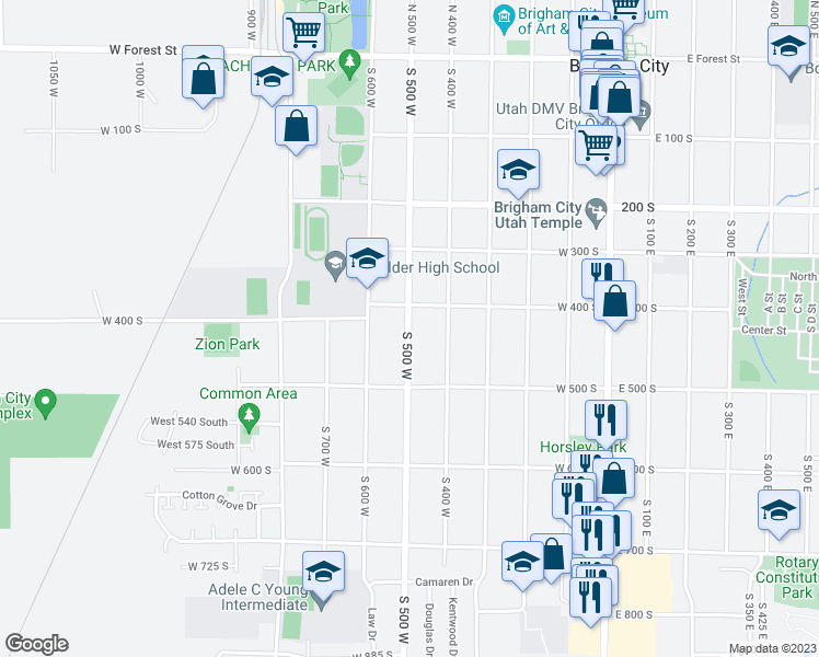map of restaurants, bars, coffee shops, grocery stores, and more near 431 South 500 West in Brigham City