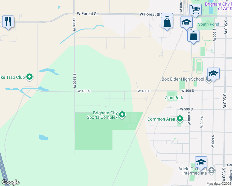 map of restaurants, bars, coffee shops, grocery stores, and more near 1077 West 400 South in Brigham City