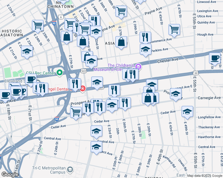 map of restaurants, bars, coffee shops, grocery stores, and more near 3328 Euclid Avenue in Cleveland