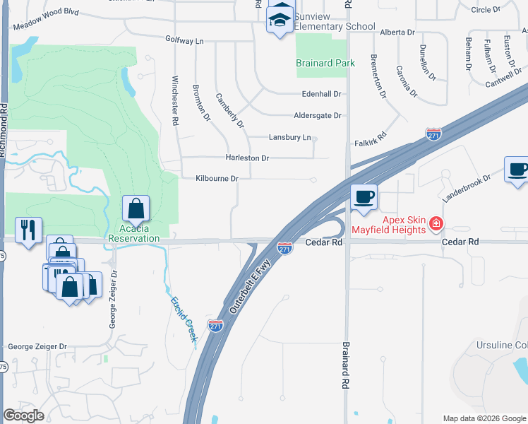 map of restaurants, bars, coffee shops, grocery stores, and more near 2111 Acacia Park Drive in Cleveland
