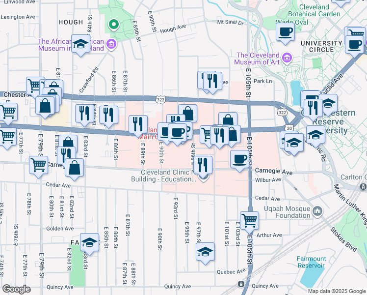map of restaurants, bars, coffee shops, grocery stores, and more near 9500 Euclid Avenue in Cleveland