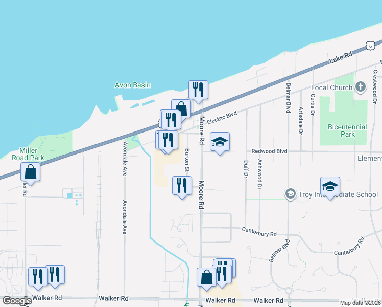 map of restaurants, bars, coffee shops, grocery stores, and more near 162 Moore Road in Avon Lake