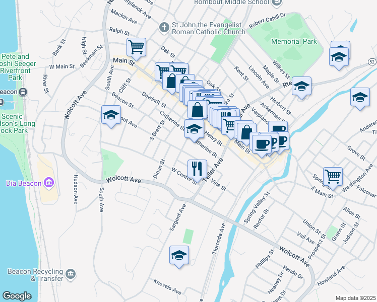 map of restaurants, bars, coffee shops, grocery stores, and more near 220 Rombout Avenue in Beacon