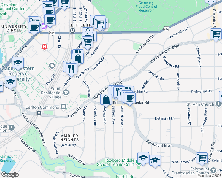 map of restaurants, bars, coffee shops, grocery stores, and more near 2354 Euclid Heights Boulevard in Cleveland Heights