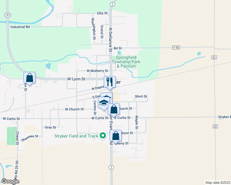 map of restaurants, bars, coffee shops, grocery stores, and more near 305 South Defiance Street in Stryker