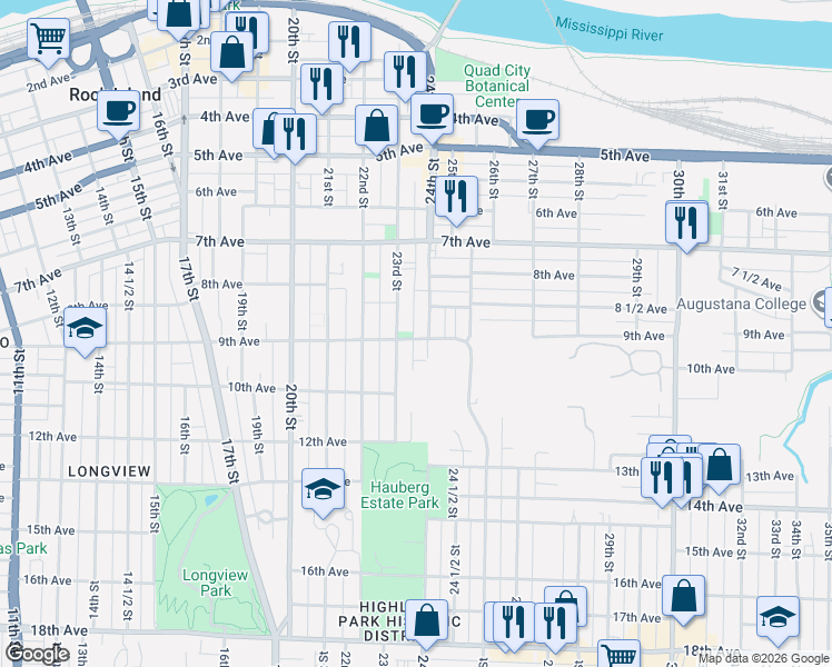 map of restaurants, bars, coffee shops, grocery stores, and more near 910 24th Street in Rock Island