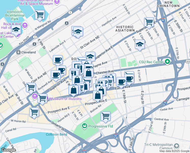 map of restaurants, bars, coffee shops, grocery stores, and more near 1808 East 13th Street in Cleveland