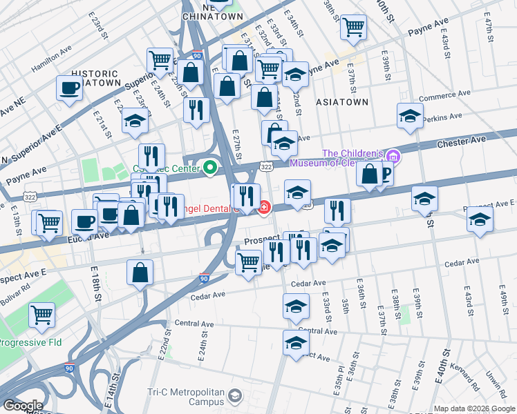 map of restaurants, bars, coffee shops, grocery stores, and more near 2800 Euclid Avenue in Cleveland
