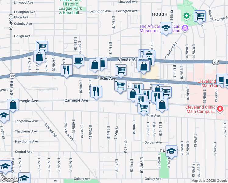 map of restaurants, bars, coffee shops, grocery stores, and more near 7219 Carnegie Avenue in Cleveland