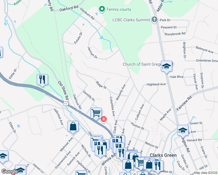 map of restaurants, bars, coffee shops, grocery stores, and more near 212 Ridge Street in Clarks Summit