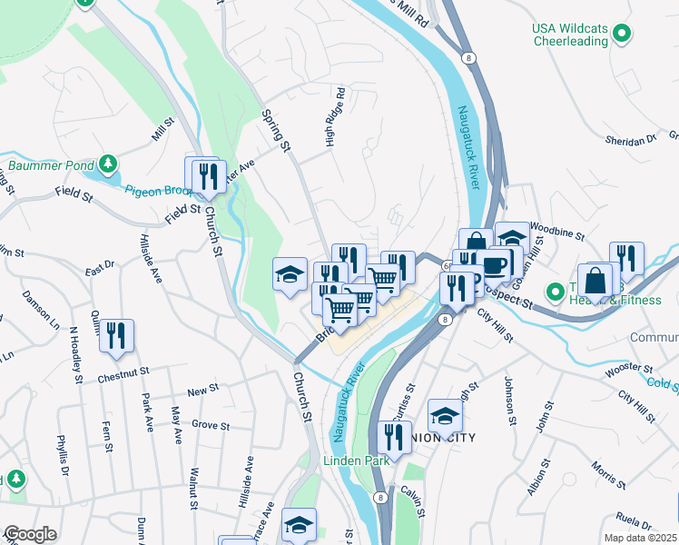 map of restaurants, bars, coffee shops, grocery stores, and more near 96 Spring Street in Naugatuck