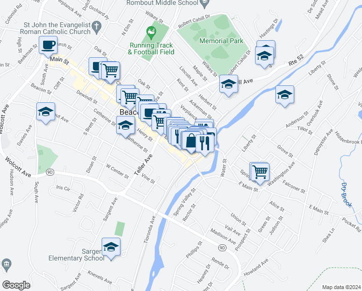 map of restaurants, bars, coffee shops, grocery stores, and more near 473 Main Street in Beacon