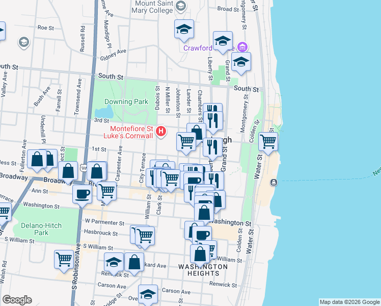 map of restaurants, bars, coffee shops, grocery stores, and more near 52 Johnston Street in Newburgh