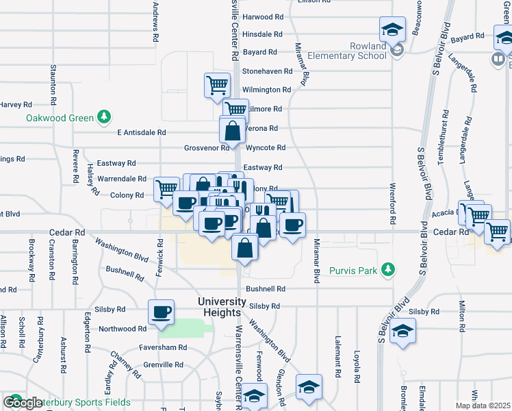 map of restaurants, bars, coffee shops, grocery stores, and more near 4018 Okalona Road in South Euclid