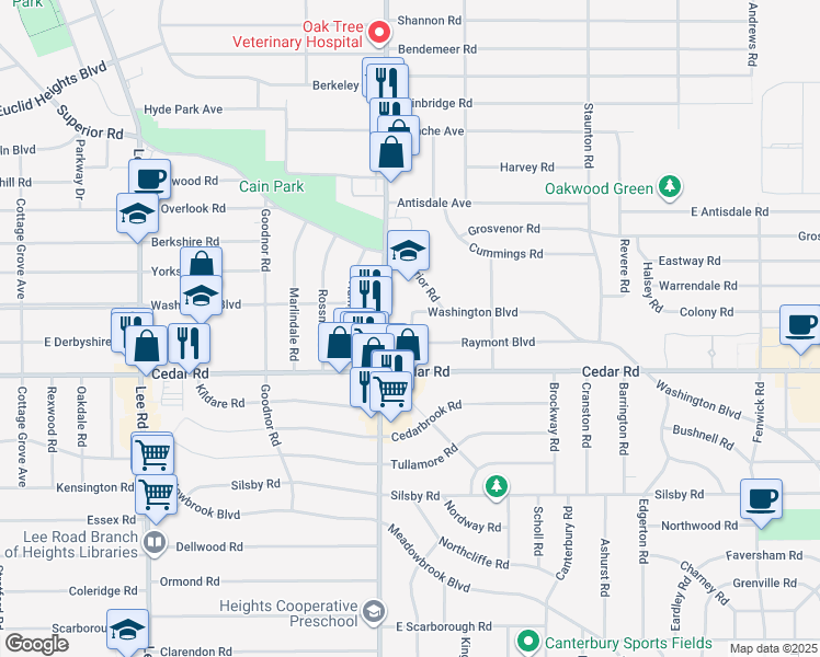 map of restaurants, bars, coffee shops, grocery stores, and more near 3478 Raymont Boulevard in University Heights